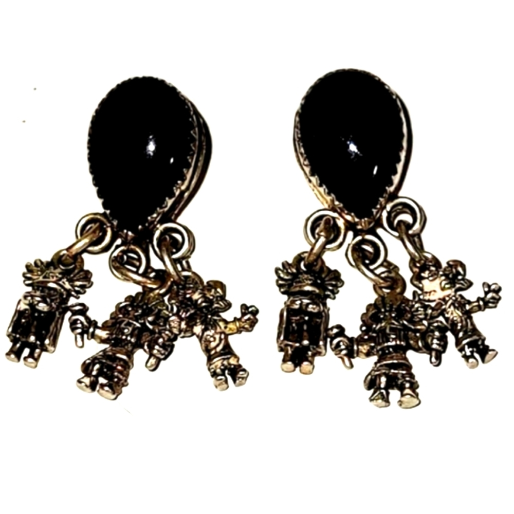 Kachina Black Teardrop Stone & Sterling Silver Post Earrings, Native American